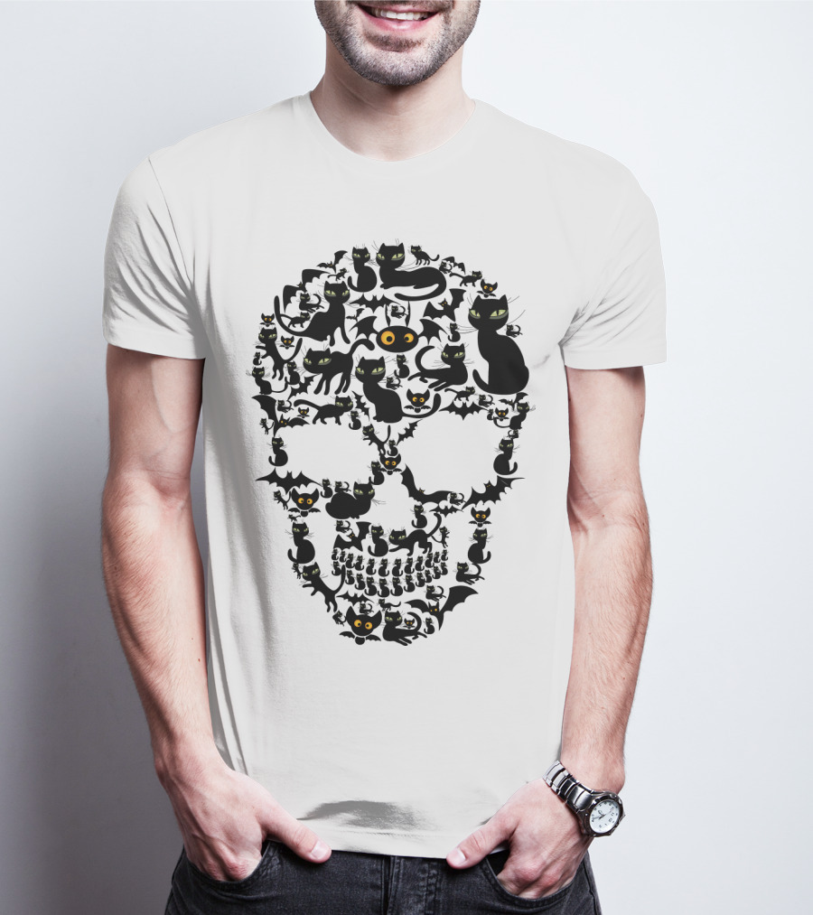 Cat Skull Bat Eyes Halloween Cats T-Shirt
