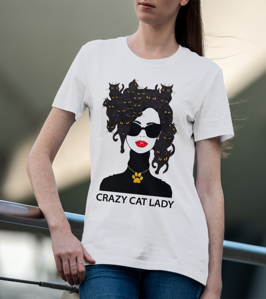 CRAZY CAT LADY Cat Afro Sunglasses Red Lips Golden Paw Necklace T-Shirt