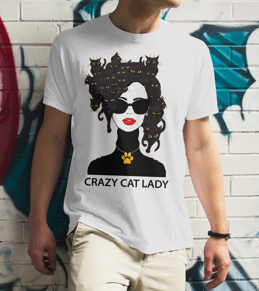 CRAZY CAT LADY Cat Afro Sunglasses Red Lips Golden Paw Necklace T-Shirt
