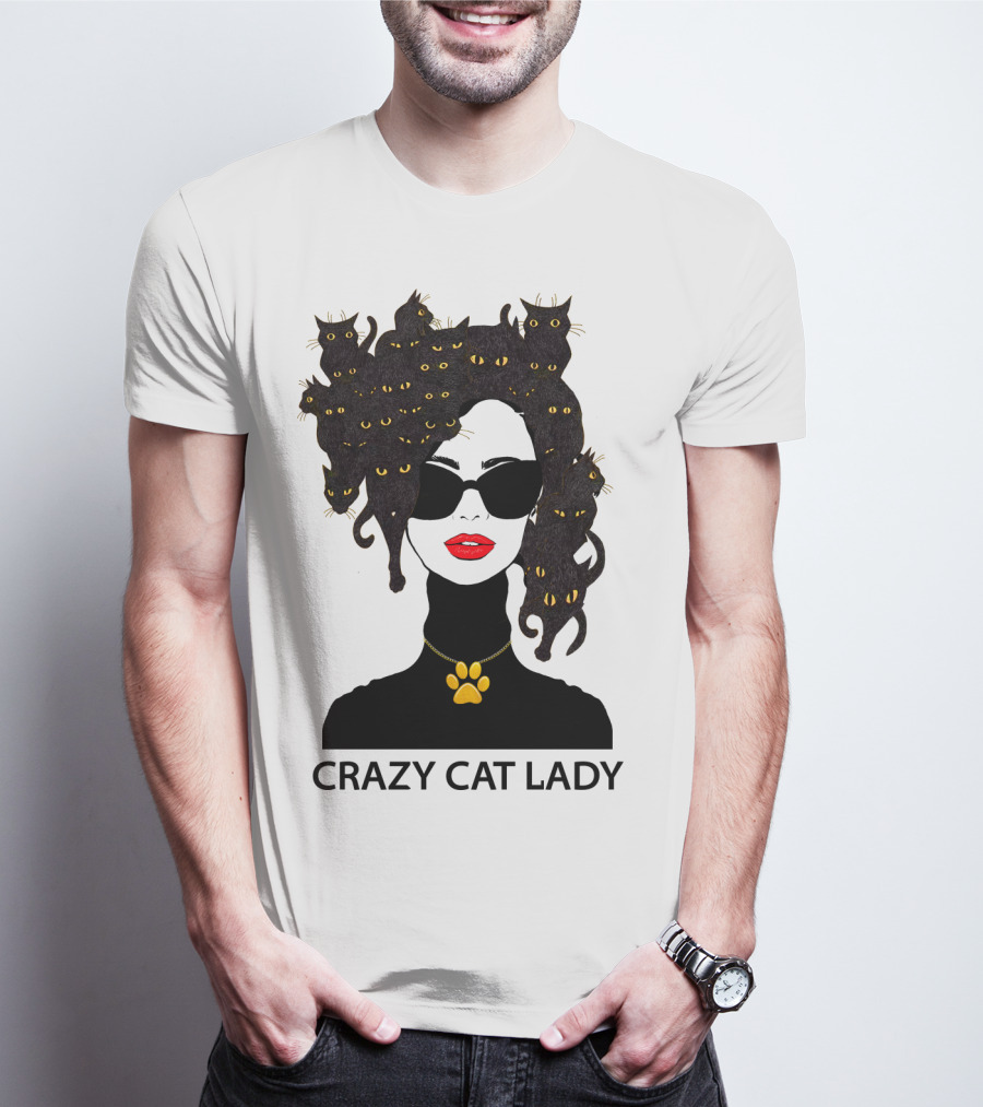 CRAZY CAT LADY Cat Afro Sunglasses Red Lips Golden Paw Necklace T-Shirt