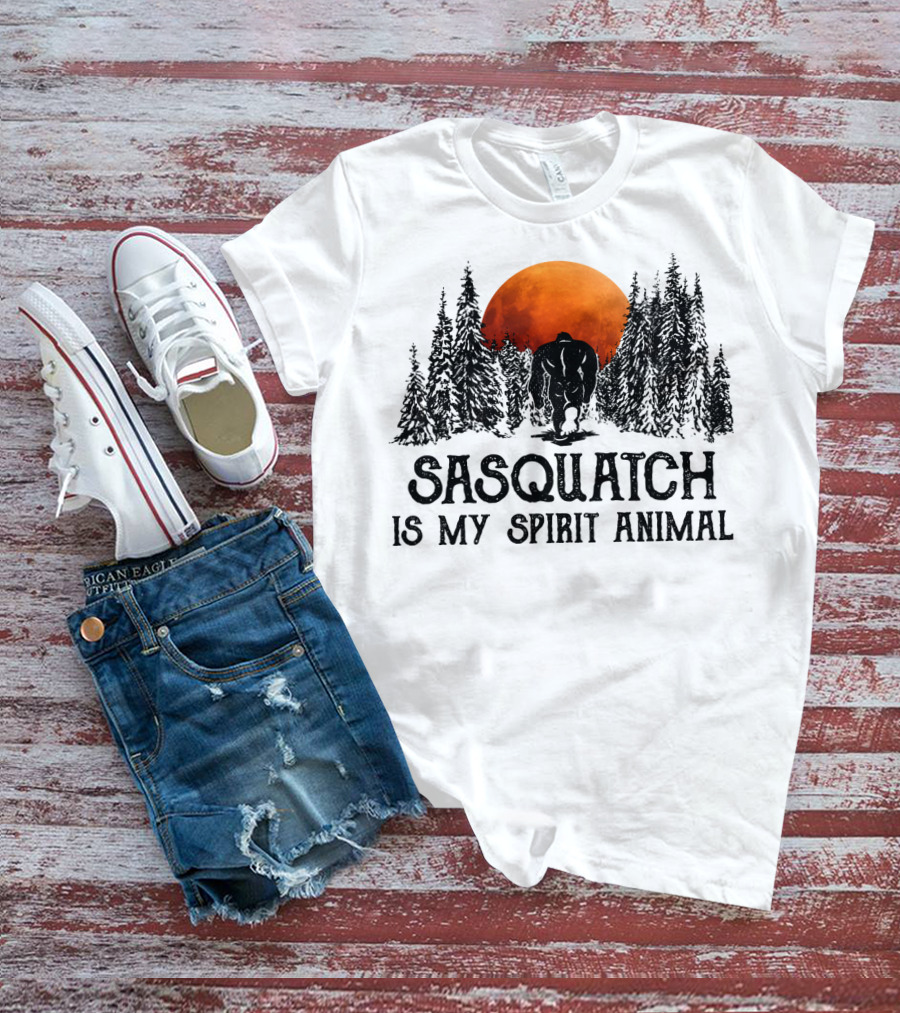 Sasquatch Is My Spirit Animal Forest Silhouette With Orange Moon T-Shirt