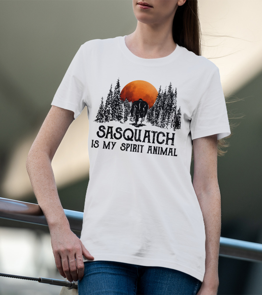 Sasquatch Is My Spirit Animal Forest Silhouette With Orange Moon T-Shirt