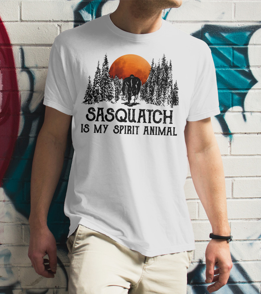 Sasquatch Is My Spirit Animal Forest Silhouette With Orange Moon T-Shirt