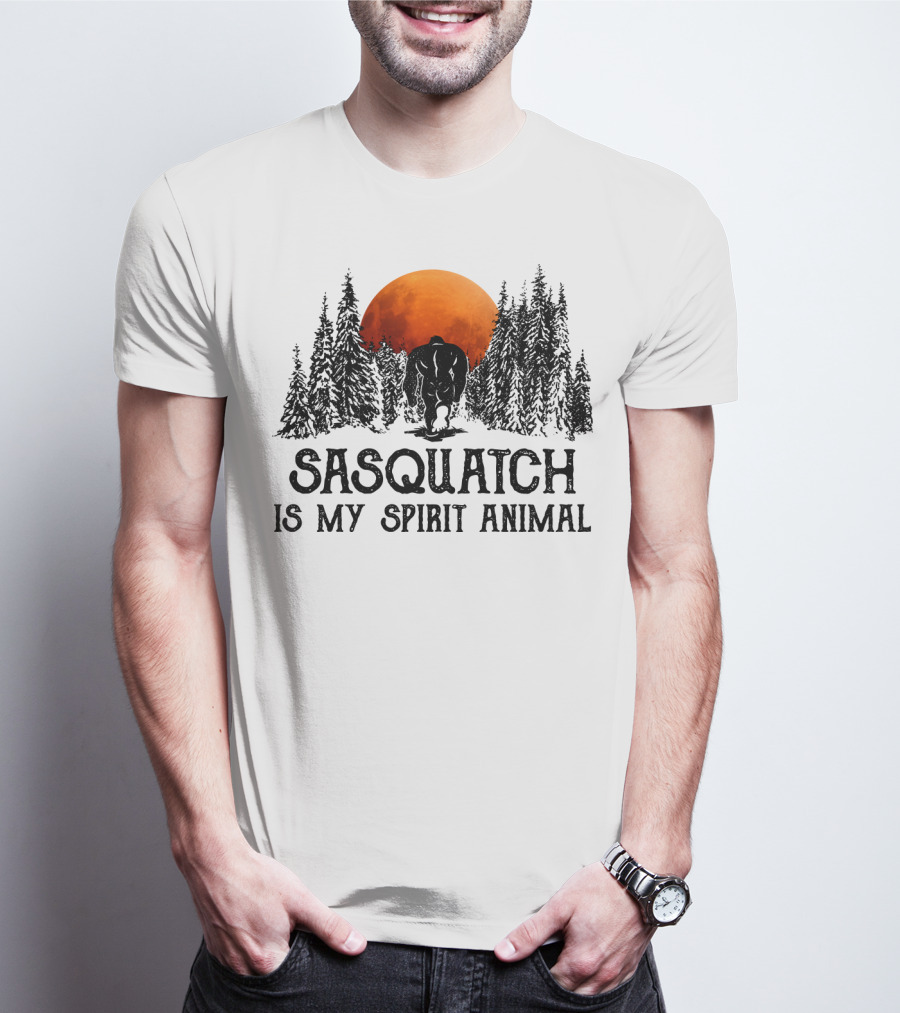 Sasquatch Is My Spirit Animal Forest Silhouette With Orange Moon T-Shirt