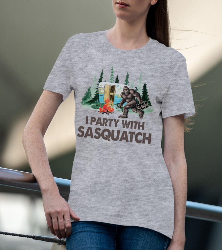 Beer I Party With Sasquatch Camper Fire Forest Scene T-Shirt