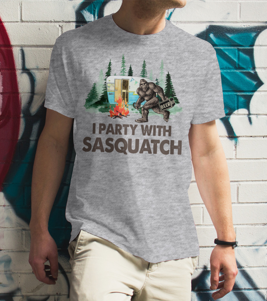 Beer I Party With Sasquatch Camper Fire Forest Scene T-Shirt