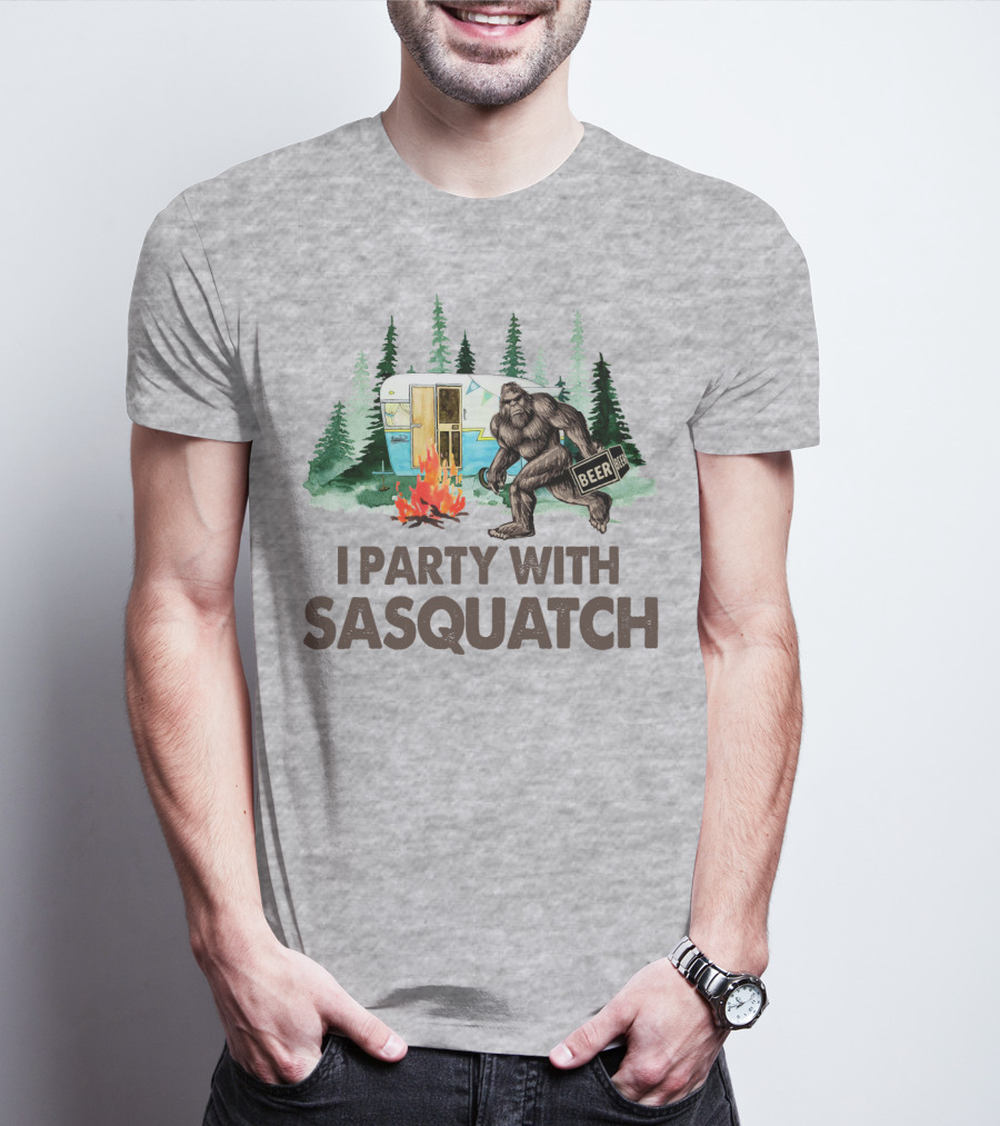 Beer I Party With Sasquatch Camper Fire Forest Scene T-Shirt