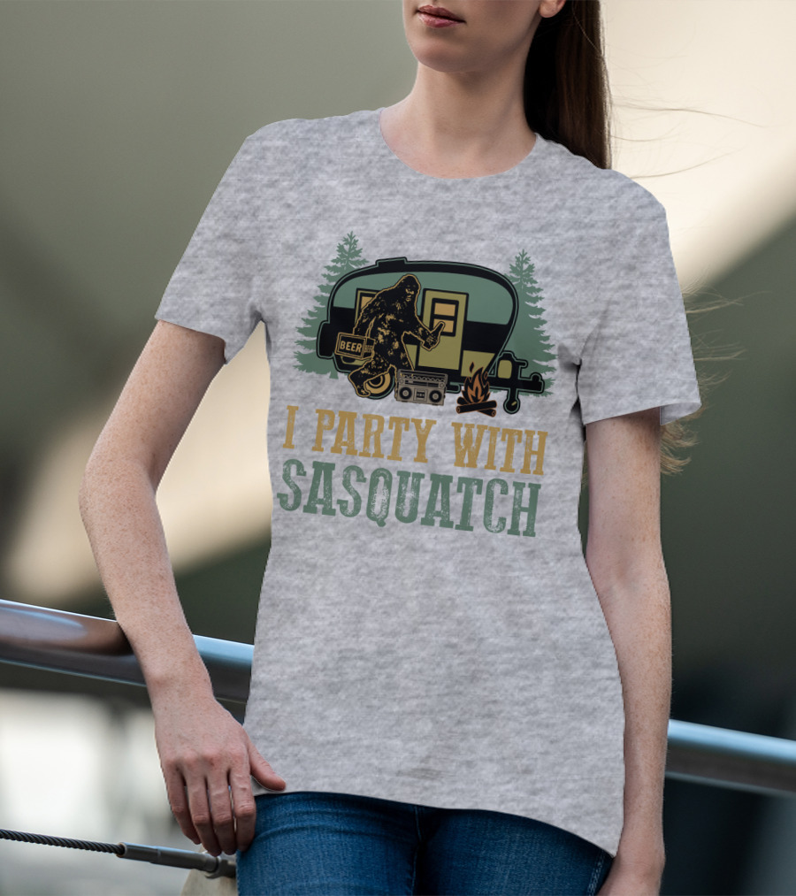 I Party With Sasquatch Beer Campfire Boombox Trailer Adventure T-Shirt