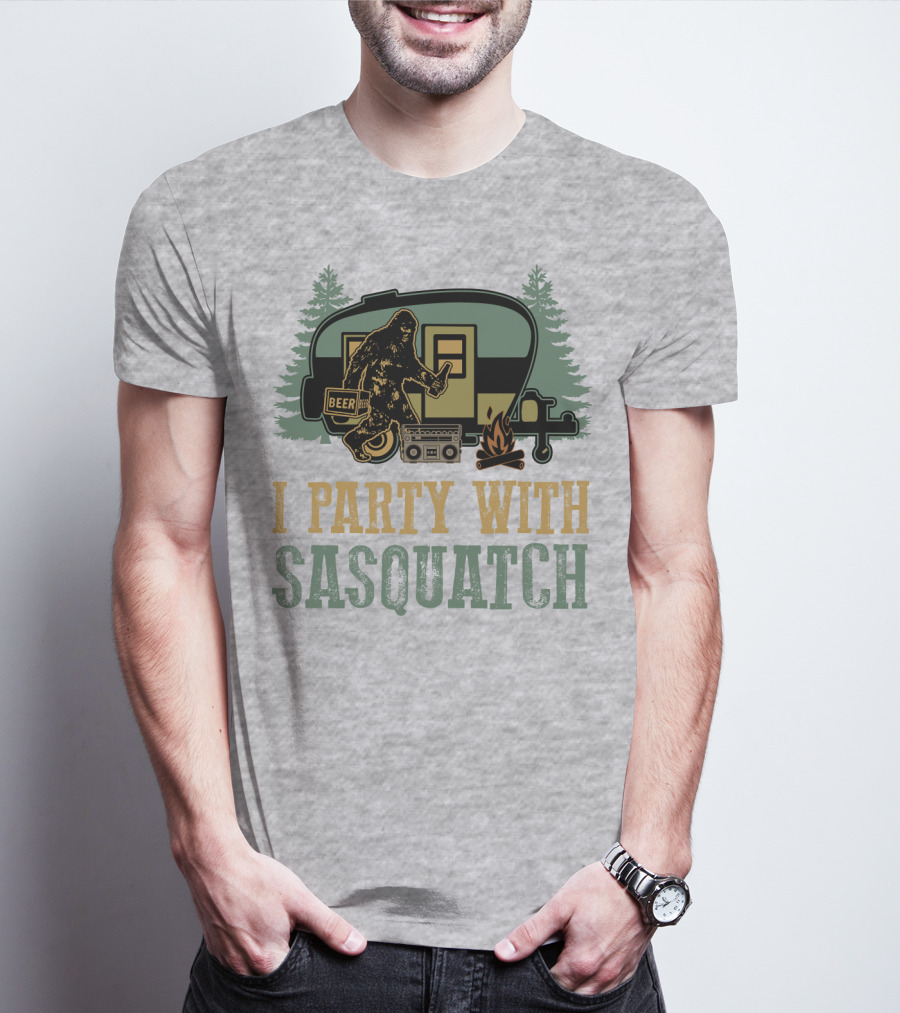 I Party With Sasquatch Beer Campfire Boombox Trailer Adventure T-Shirt
