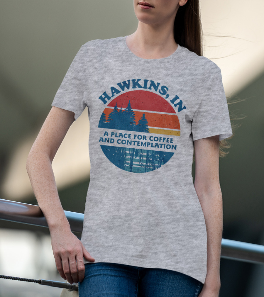 HAWKINS, IN A Place For Coffee And Contemplation Vintage Forest Sunset Circle T-Shirt
