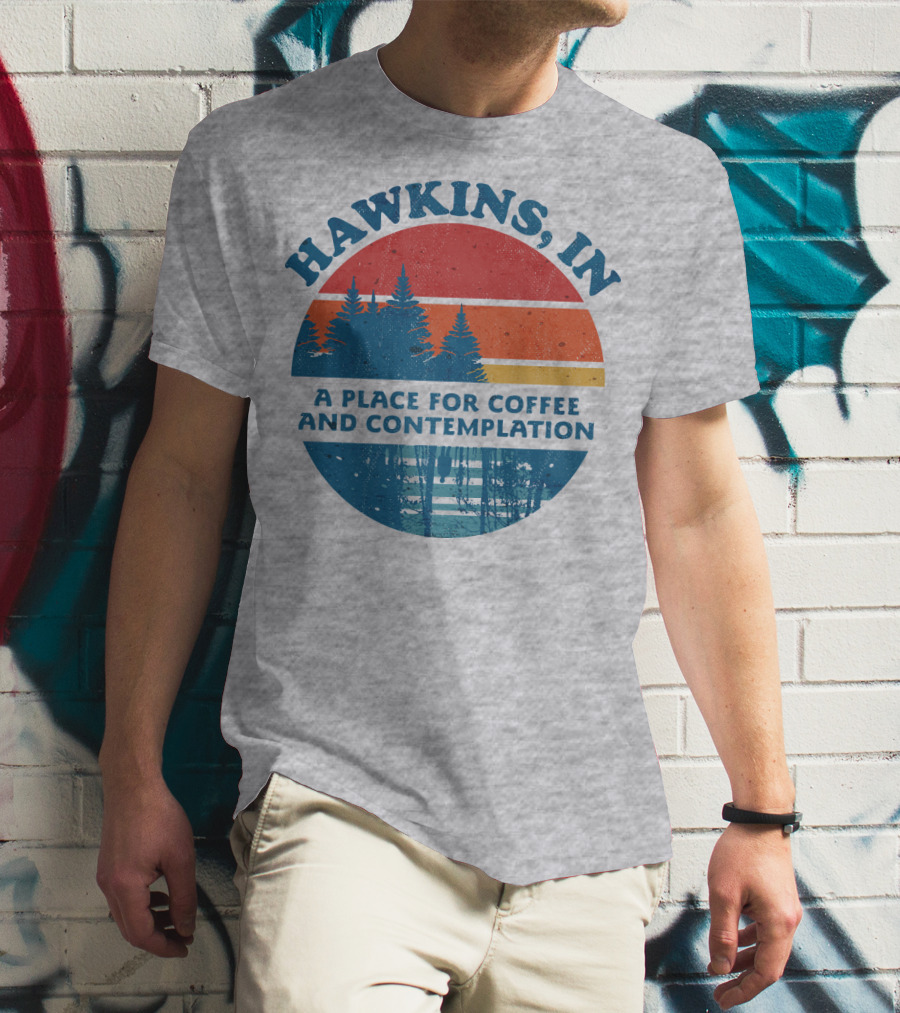 HAWKINS, IN A Place For Coffee And Contemplation Vintage Forest Sunset Circle T-Shirt