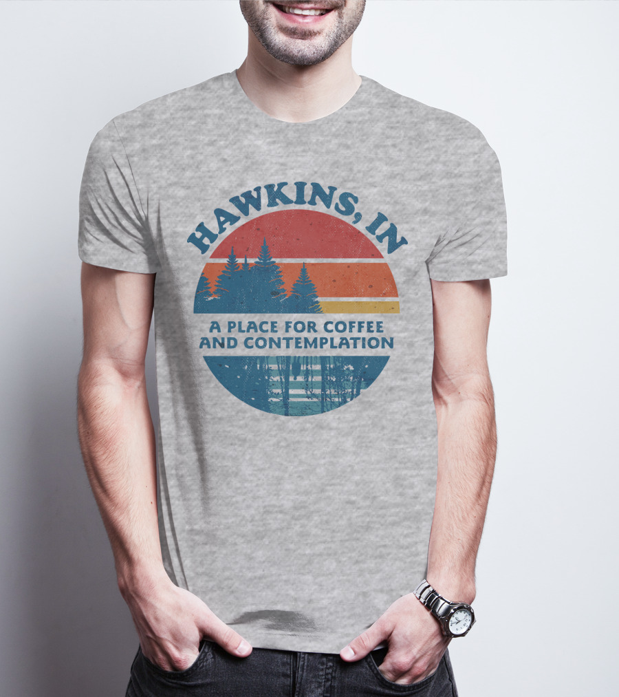 HAWKINS, IN A Place For Coffee And Contemplation Vintage Forest Sunset Circle T-Shirt