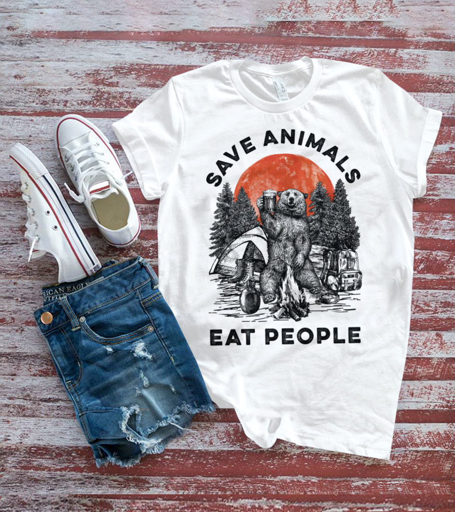 Save Animals Eat People Camping Bear Campfire Scene T-Shirt