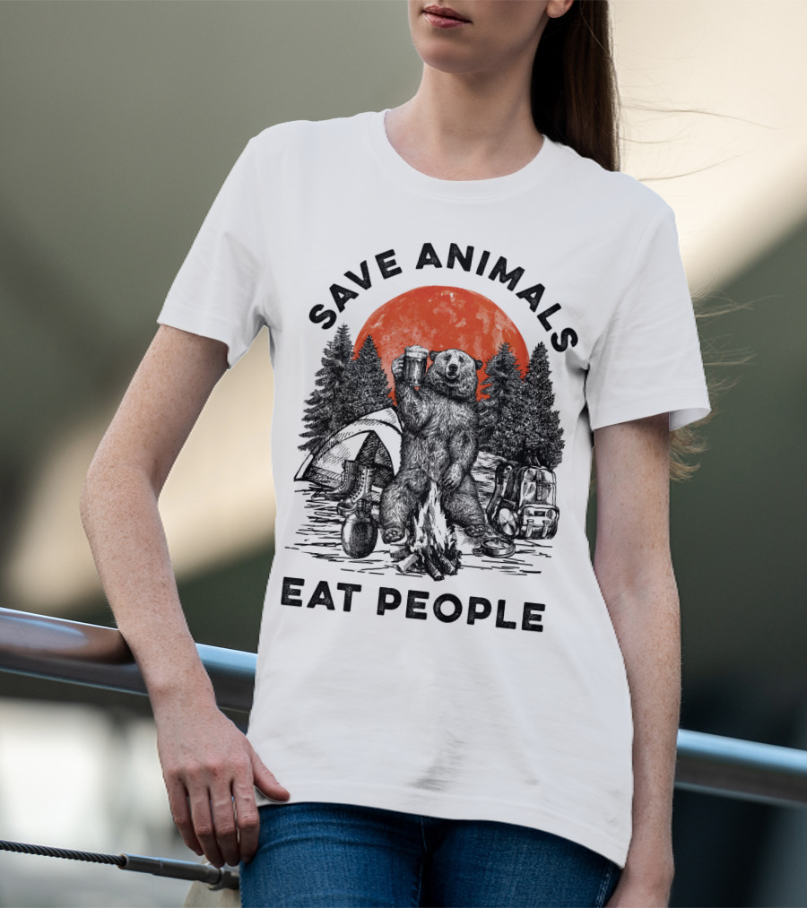 Save Animals Eat People Camping Bear Campfire Scene T-Shirt
