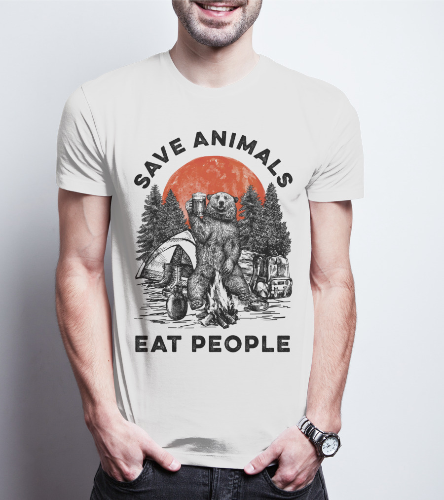 Save Animals Eat People Camping Bear Campfire Scene T-Shirt