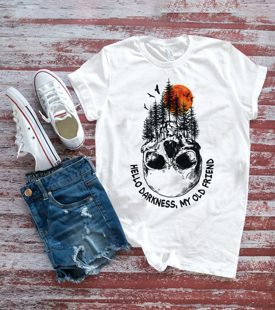 Hello Darkness My Old Friend Skull Forest Red Moon Birds Camping T-Shirt