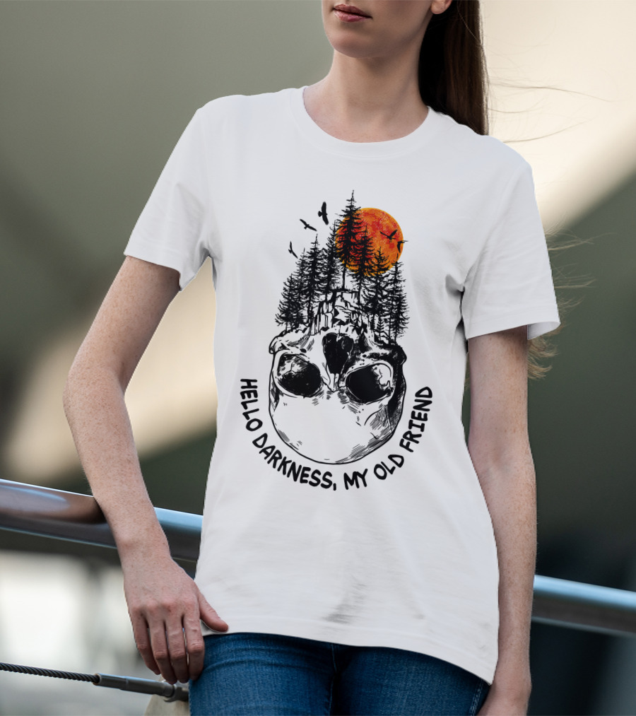Hello Darkness My Old Friend Skull Forest Red Moon Birds Camping T-Shirt