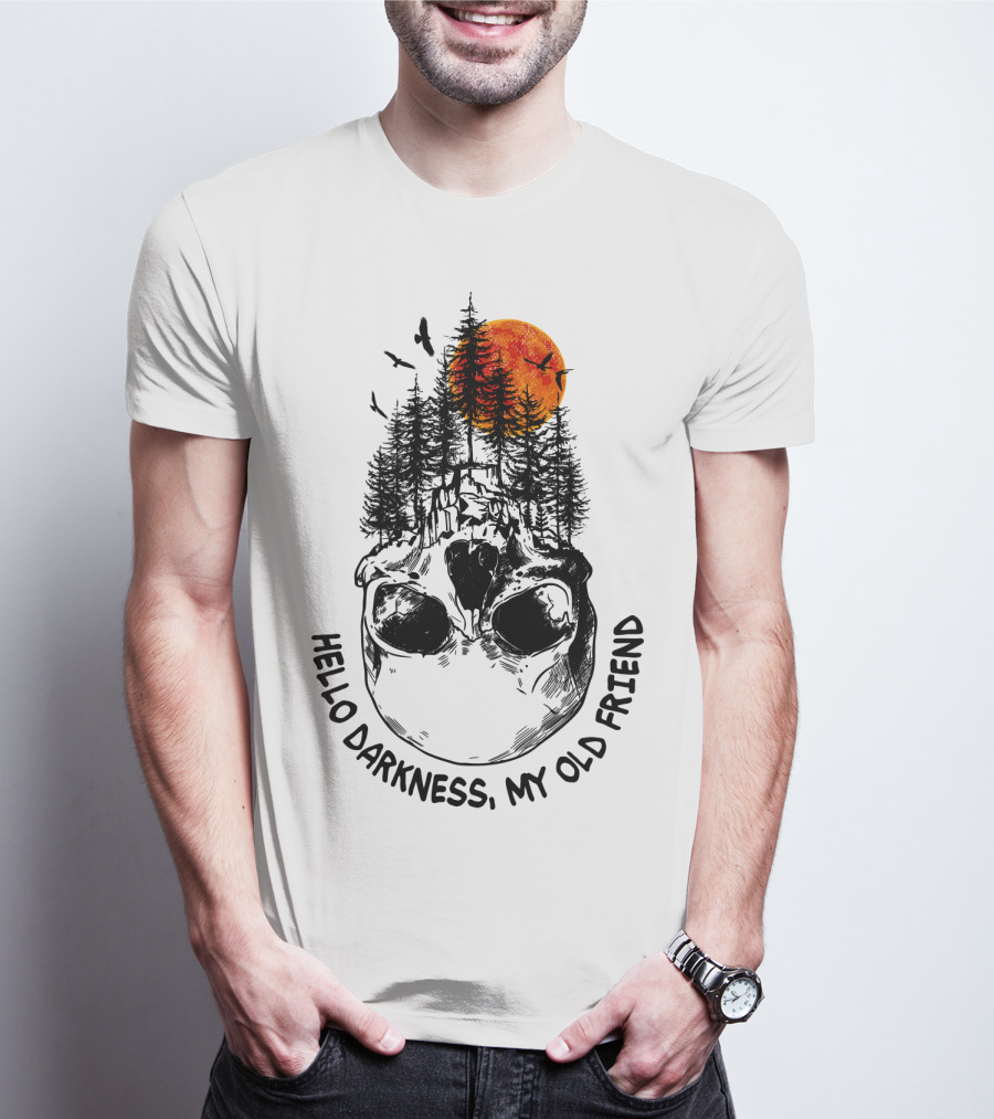 Hello Darkness My Old Friend Skull Forest Red Moon Birds Camping T-Shirt