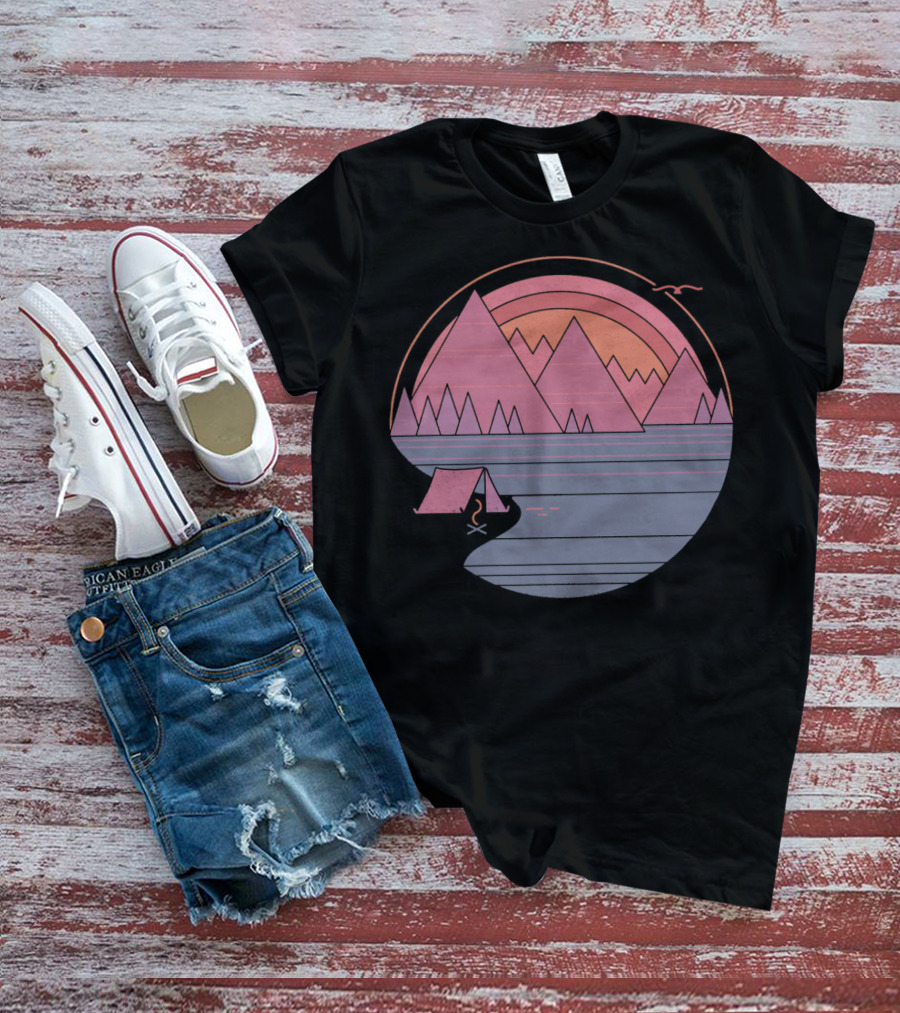 Camping Landscape With Mountains, Tent, Campfire, Sunset, And Bird In Circle T-Shirt