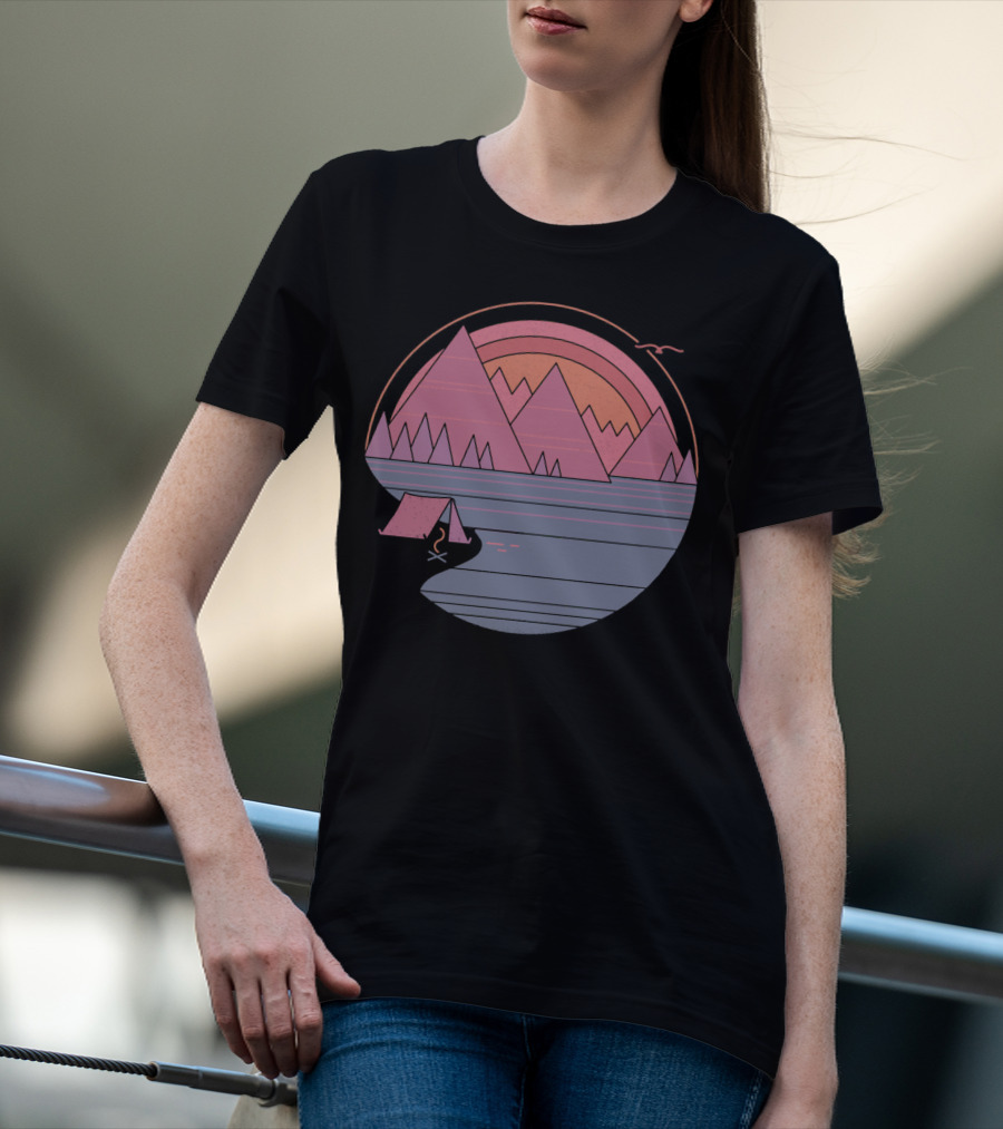 Camping Landscape With Mountains, Tent, Campfire, Sunset, And Bird In Circle T-Shirt