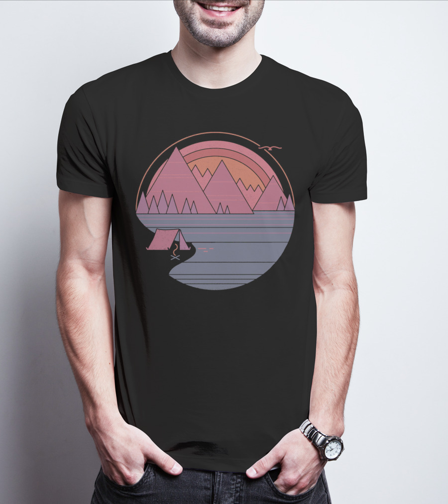 Camping Landscape With Mountains, Tent, Campfire, Sunset, And Bird In Circle T-Shirt