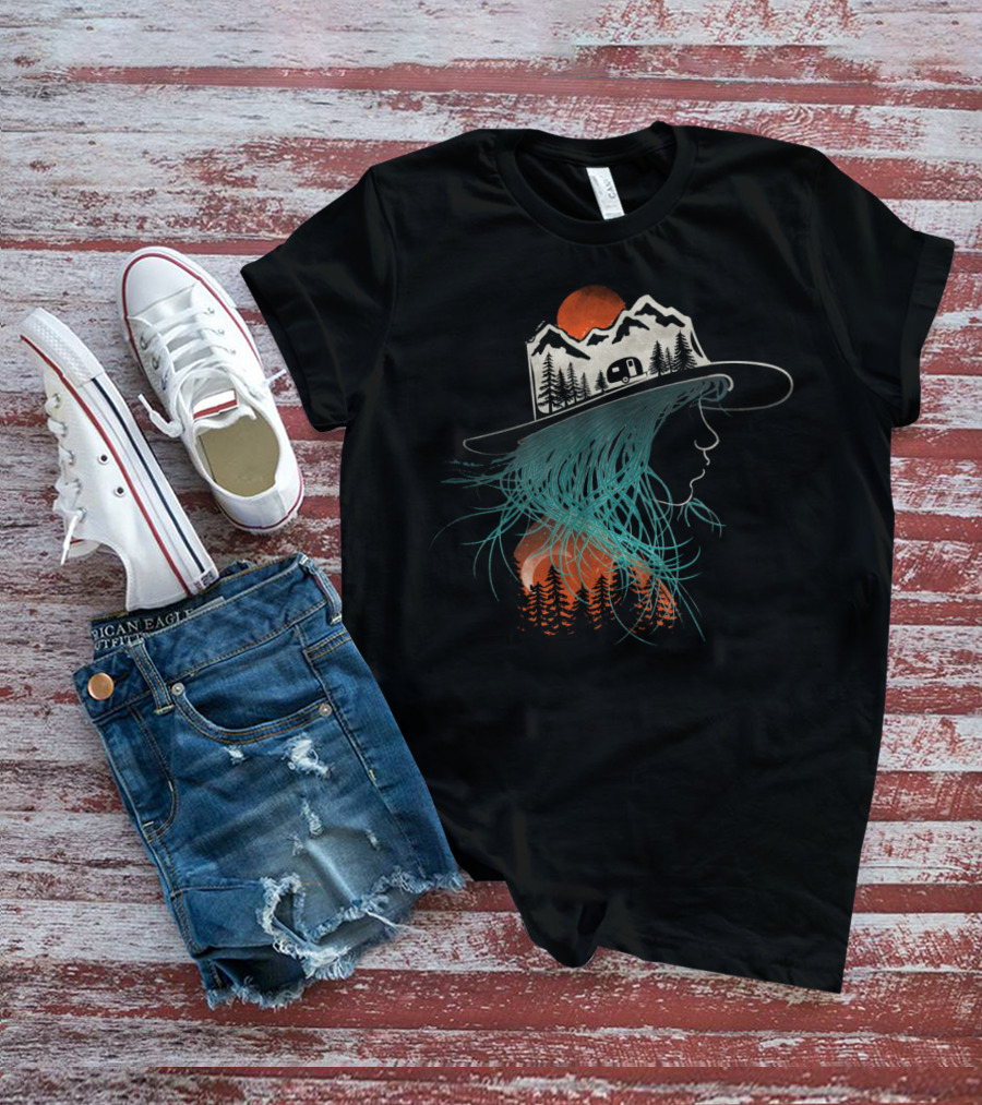 Camping Girl Mountain Hat Silhouette Forest Camper Scene T-Shirt