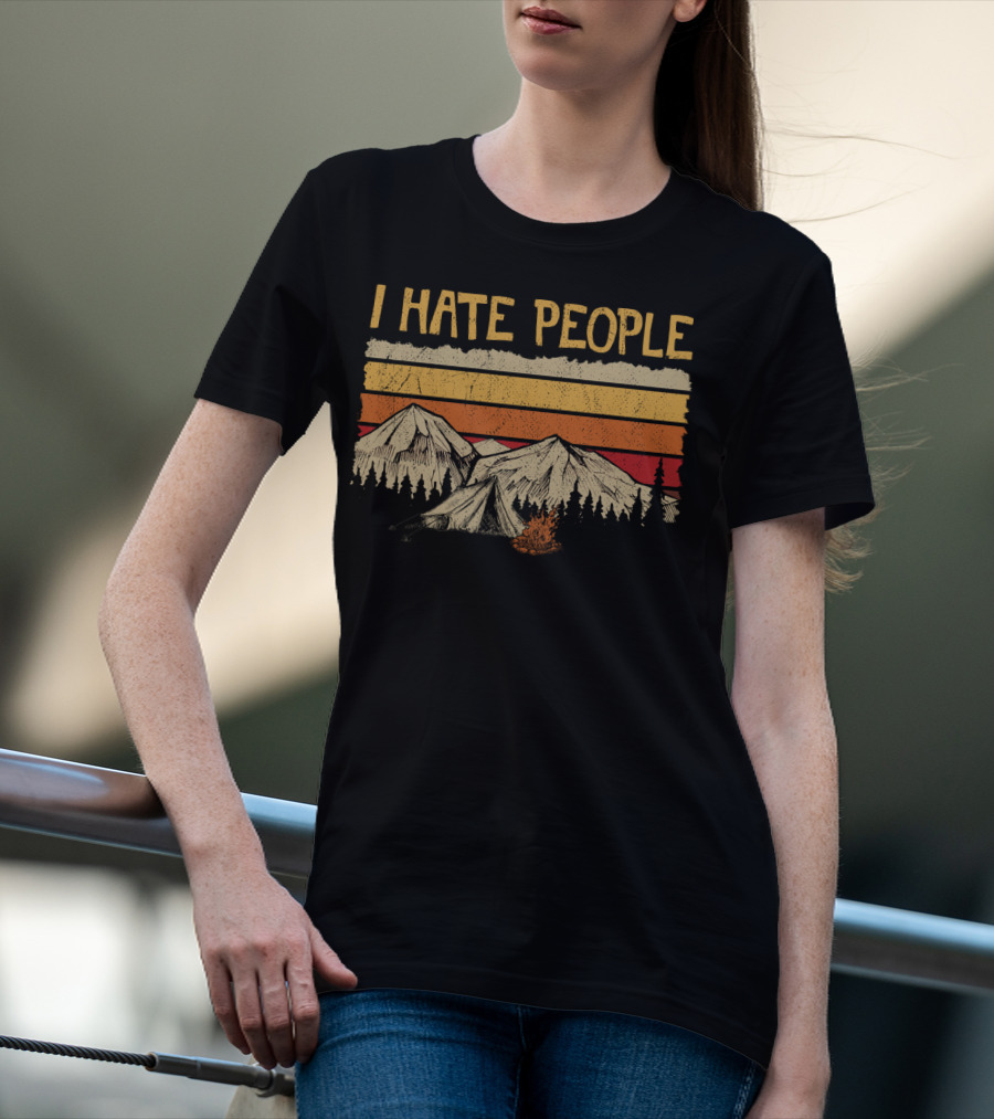 I Hate People Mountains Tent Campfire Vintage Retro Style Camping Hate T-Shirt