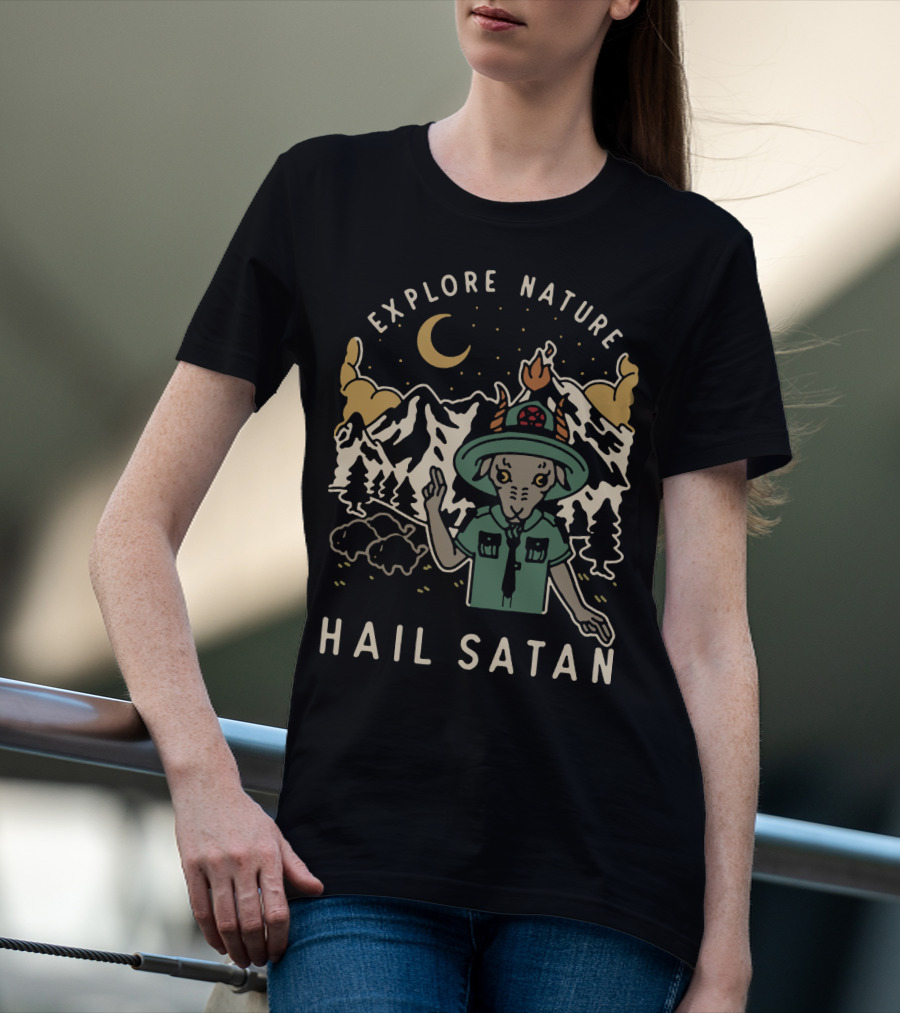 Explore Nature Hail Satan Moonlit Mountain Landscape Goat Character T-Shirt