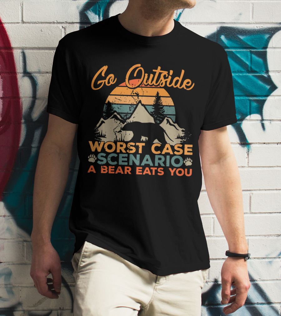 Go Outside Worst Case Scenario A Bear Eats You Retro Sunset Bear And Mountain T-Shirt