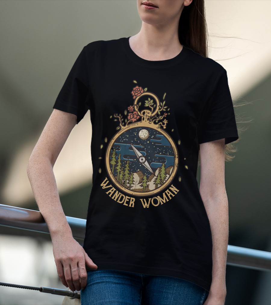 Wander Woman Adventure Compass With Moon And Forest Scene T-Shirt