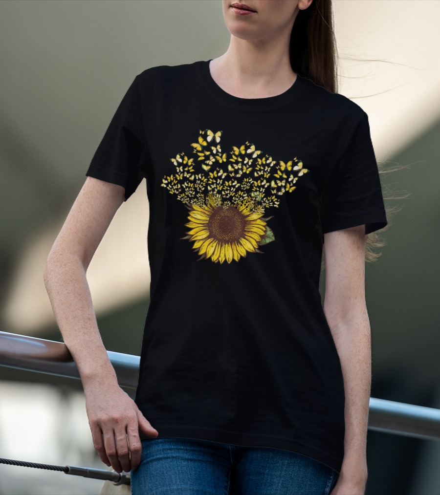 Sunflower With Yellow Butterfly Blossom Explosion T-Shirt
