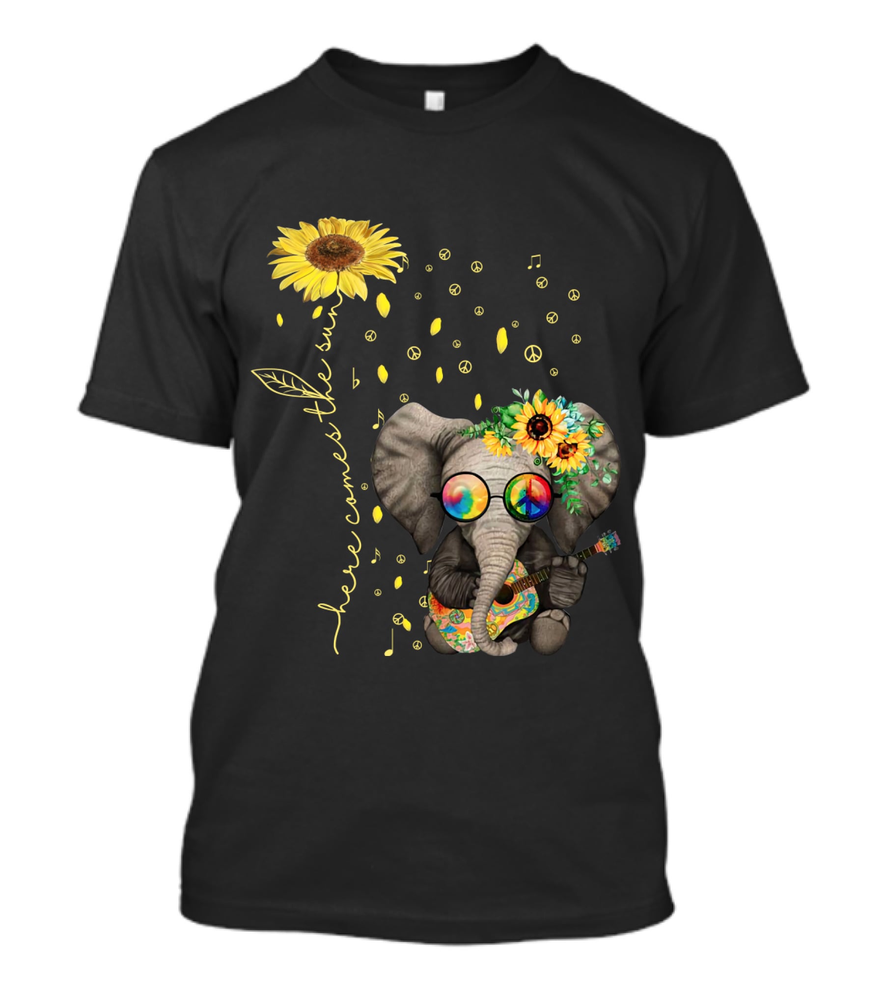 Here Comes The Sun Elephant With Sunflower And Peace Symbols T-Shirt