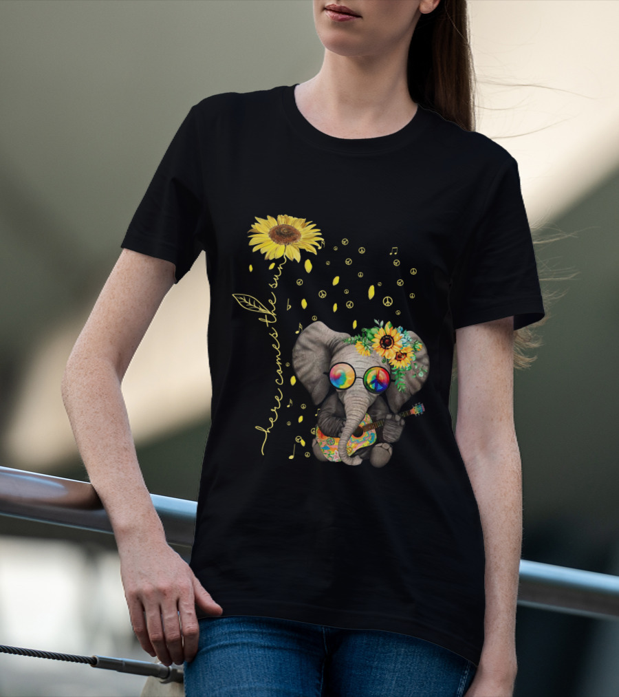 Here Comes The Sun Elephant With Sunflower And Peace Symbols T-Shirt