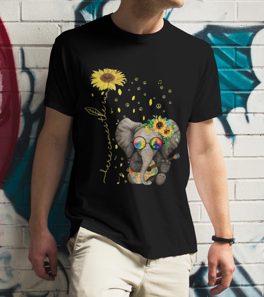 Here Comes The Sun Elephant With Sunflower And Peace Symbols T-Shirt