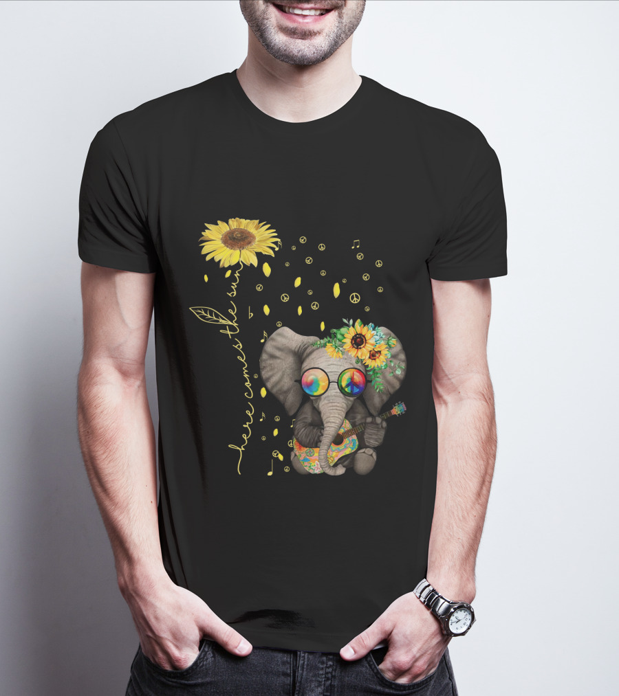 Here Comes The Sun Elephant With Sunflower And Peace Symbols T-Shirt