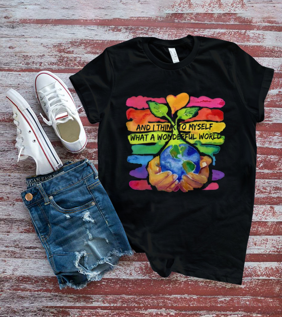 What A Wonderful World HP01 Hands Holding Earth Rainbow Stripes T-Shirt
