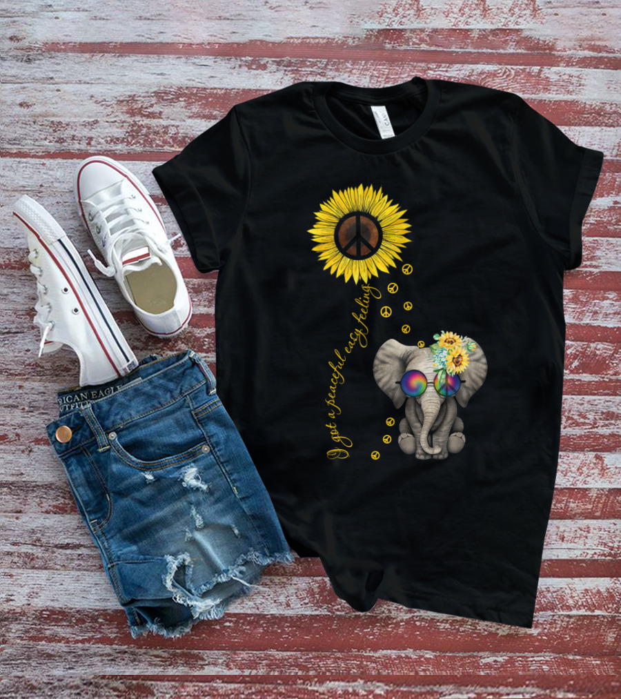 I Got A Peaceful Easy Feeling Elephant With Sunflower And Peace Symbols T-Shirt