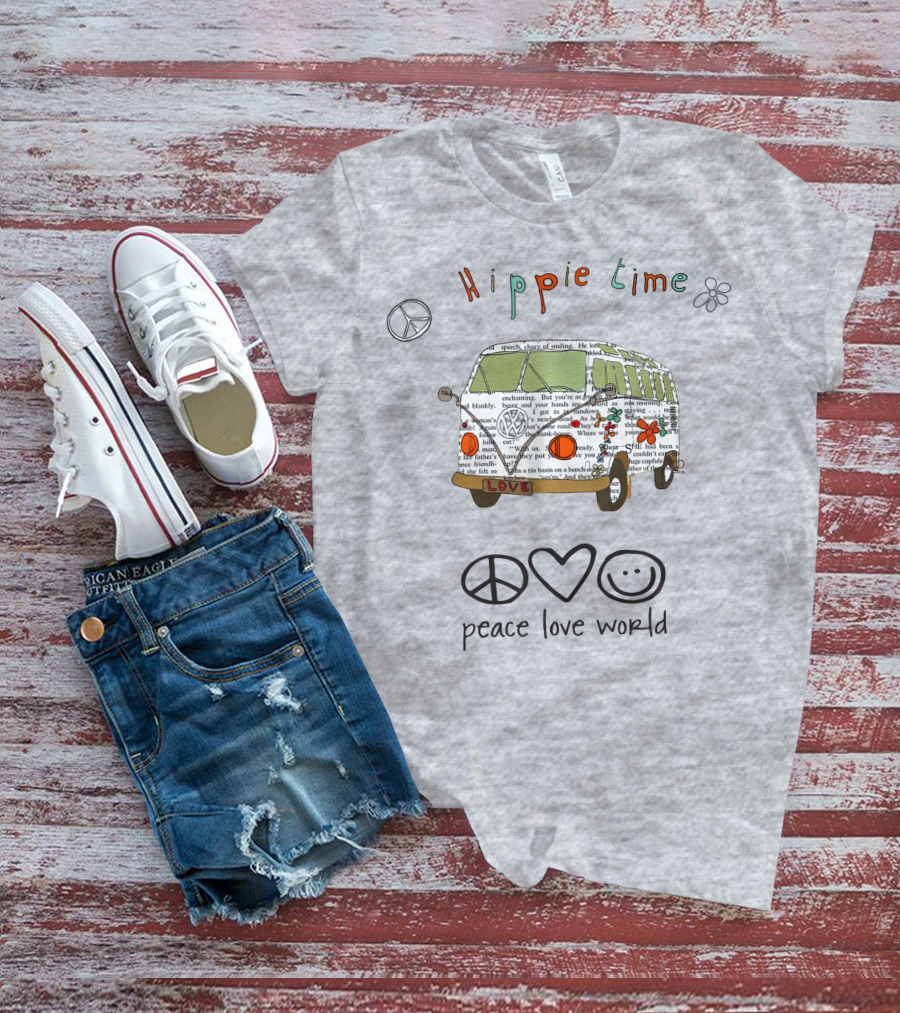 Hippie Time Peace Love World Retro Van Design With Symbols T-Shirt
