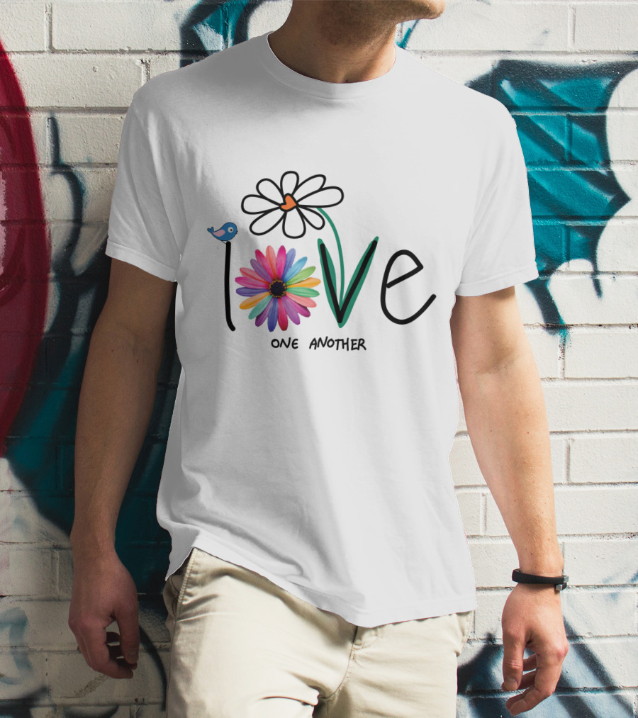 Love One Another Rainbow Flower Blue Bird T-Shirt