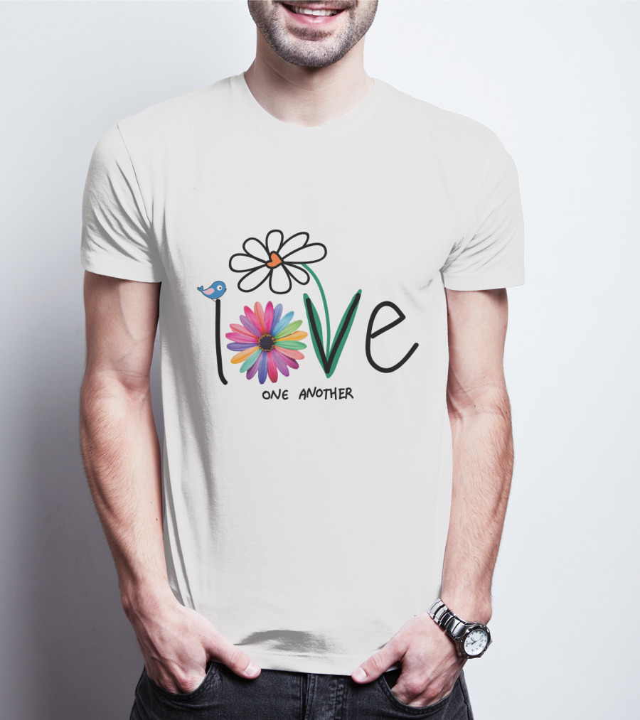 Love One Another Rainbow Flower Blue Bird T-Shirt