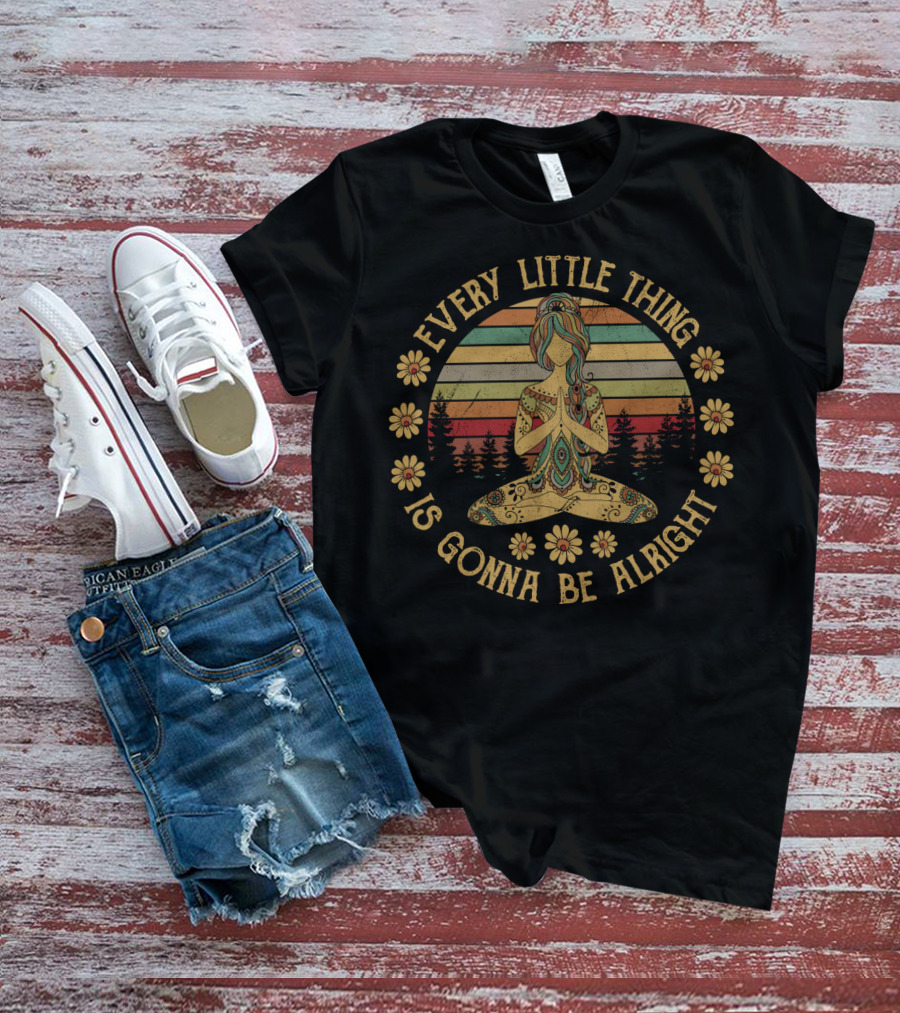 Every Little Thing Is Gonna Be Alright Hippie Girl With Flowers And Sunset T-Shirt