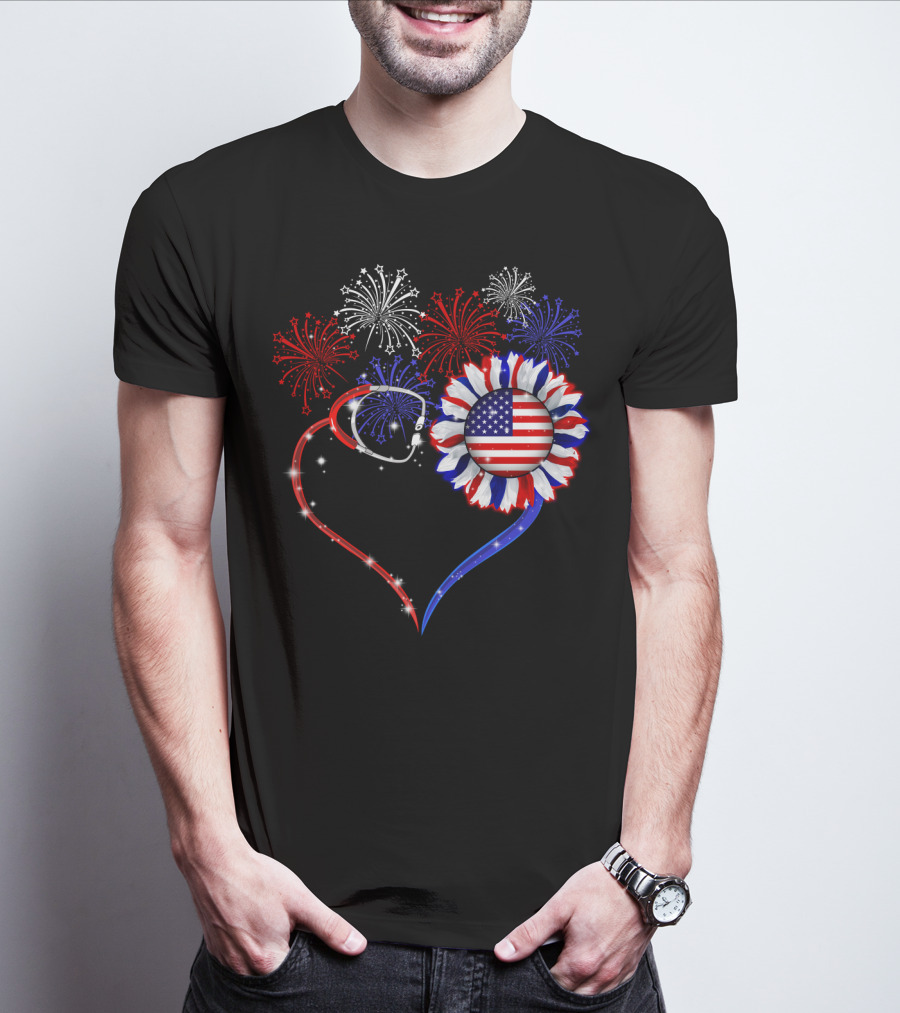 Nurse Patriotic Heart With American Flag And Fireworks T-Shirt