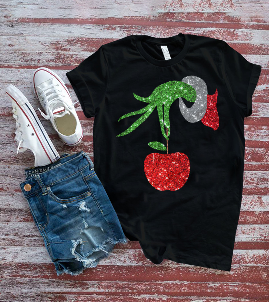 Green Grinch Hand Holding Shiny Red Apple T-Shirt