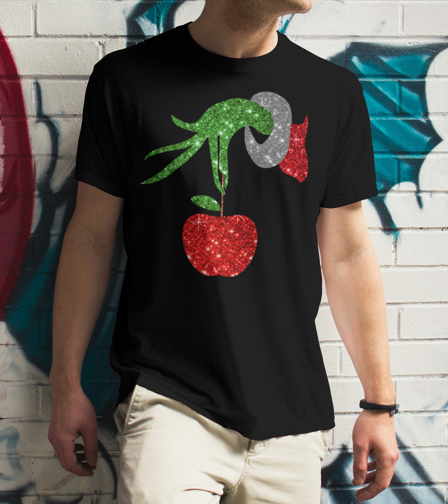Green Grinch Hand Holding Shiny Red Apple T-Shirt