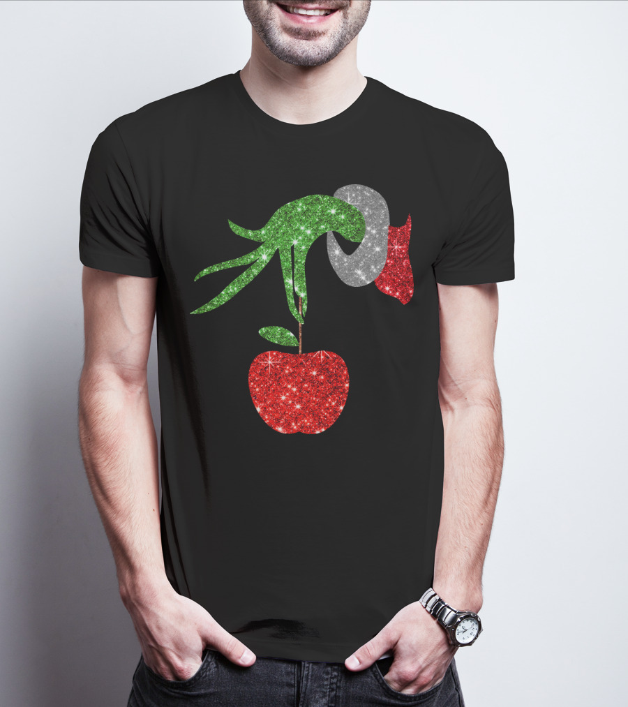Green Grinch Hand Holding Shiny Red Apple T-Shirt