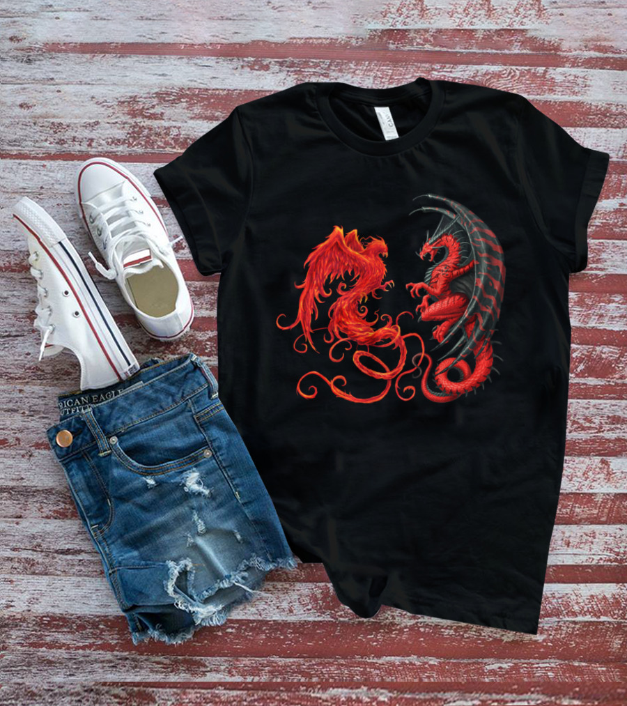 DRAGON AND PHOENIX SYMBOLS IN RED AND BLACK ENCOUNTER T-Shirt