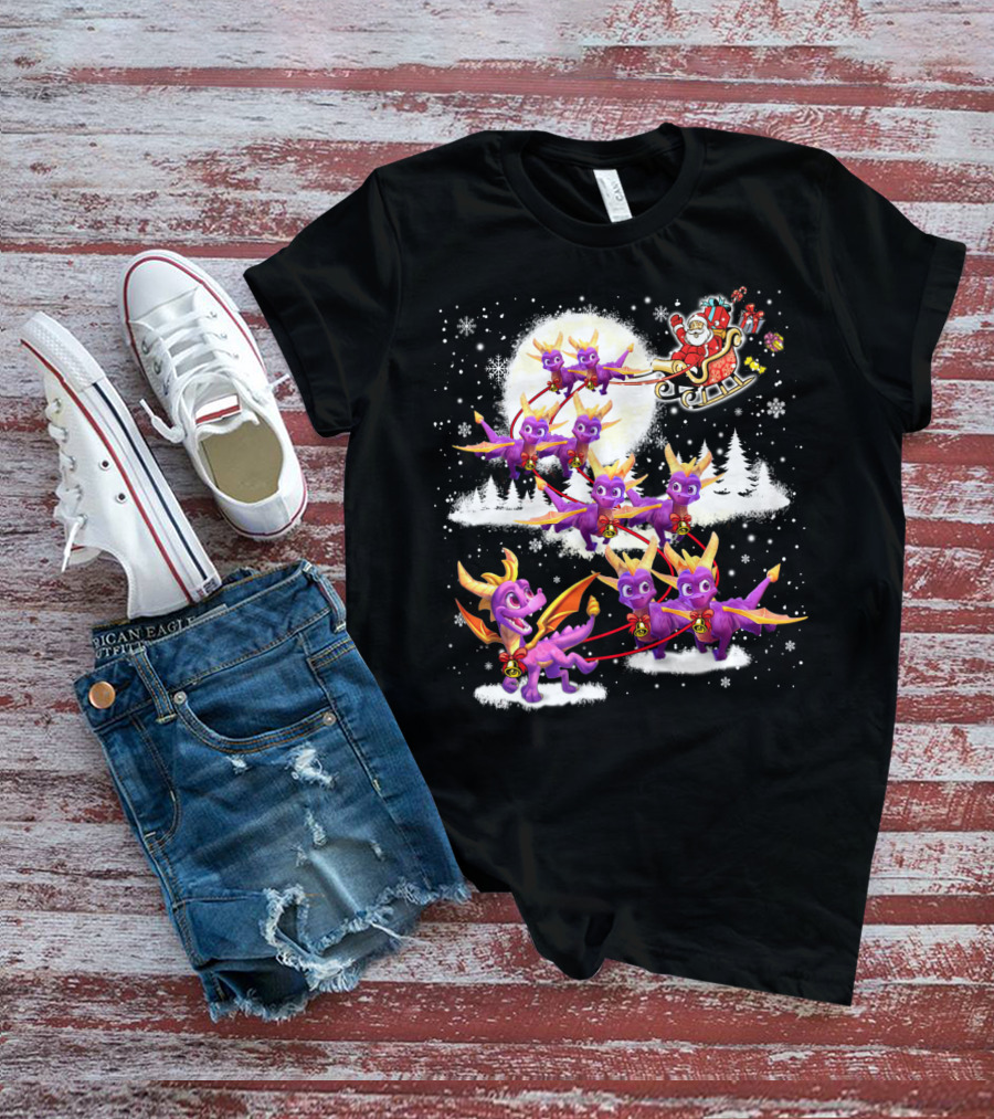 Santa's Sleigh Pulled By Purple Dragon Reindeer T-Shirt