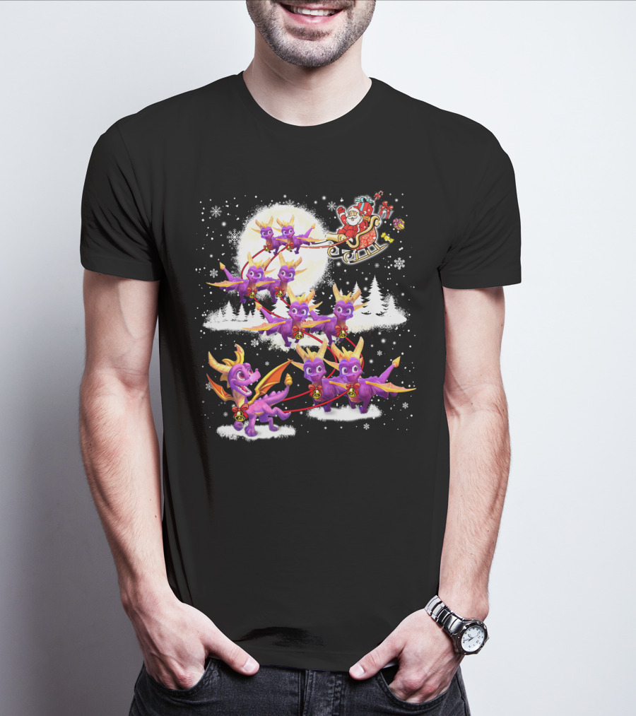 Santa's Sleigh Pulled By Purple Dragon Reindeer T-Shirt