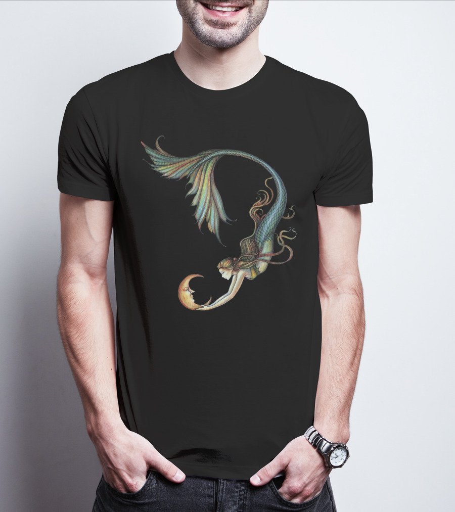 Mermaid Embrace With Smiling Crescent Moon T-Shirt