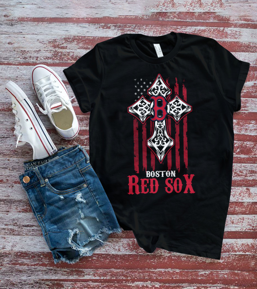 Boston Red Sox Patriotic Cross Stars And Stripes Motif T-Shirt